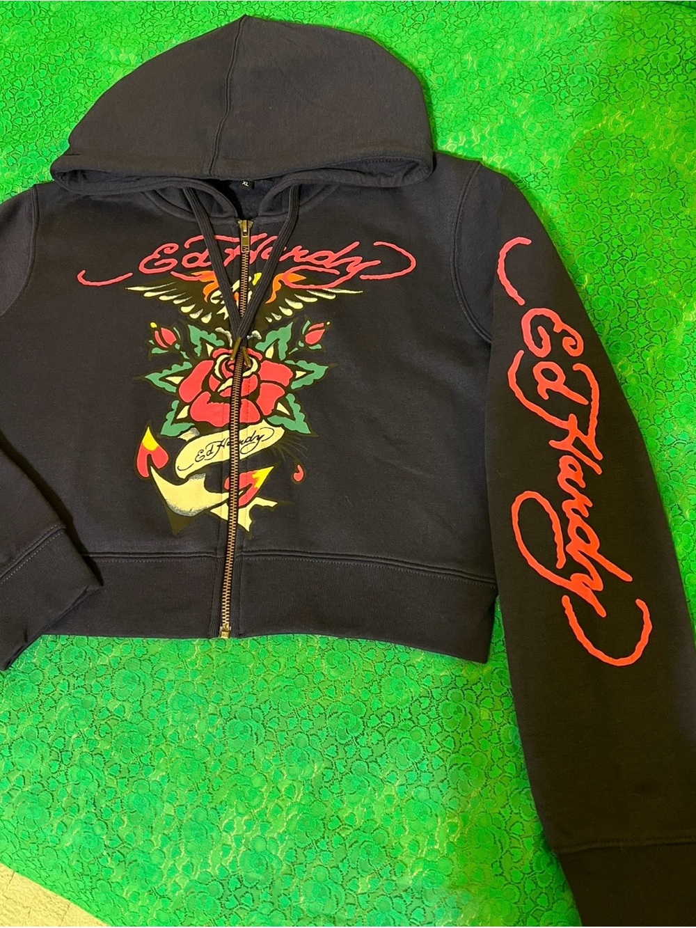 Ed Hardy Black Zip-Up  Hoodie with Rose Graphic